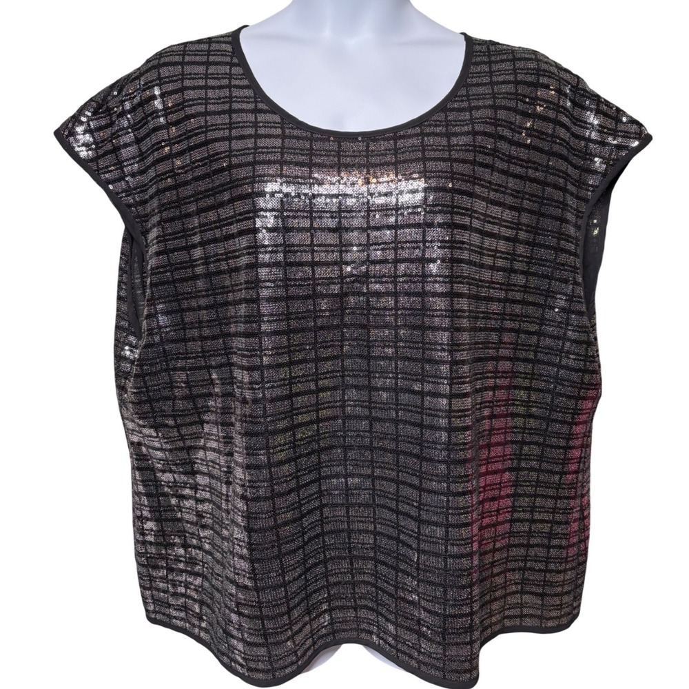 CALVIN KLEIN Black Silver Sequin Plaid Top Sz 3X Sparkly Glam Cocktail Statement